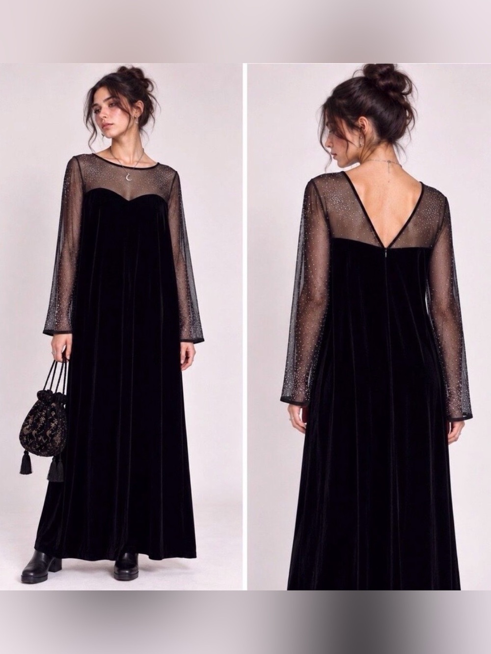 Vintage Robbie Bee Black Velvet Maxi Dress 14 Rhinestone Mesh Whimsigoth 90s Y2K